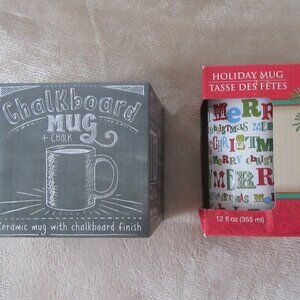 2 NIB ceramic coffee mugs; Chalkboard and "Merry Christmas"